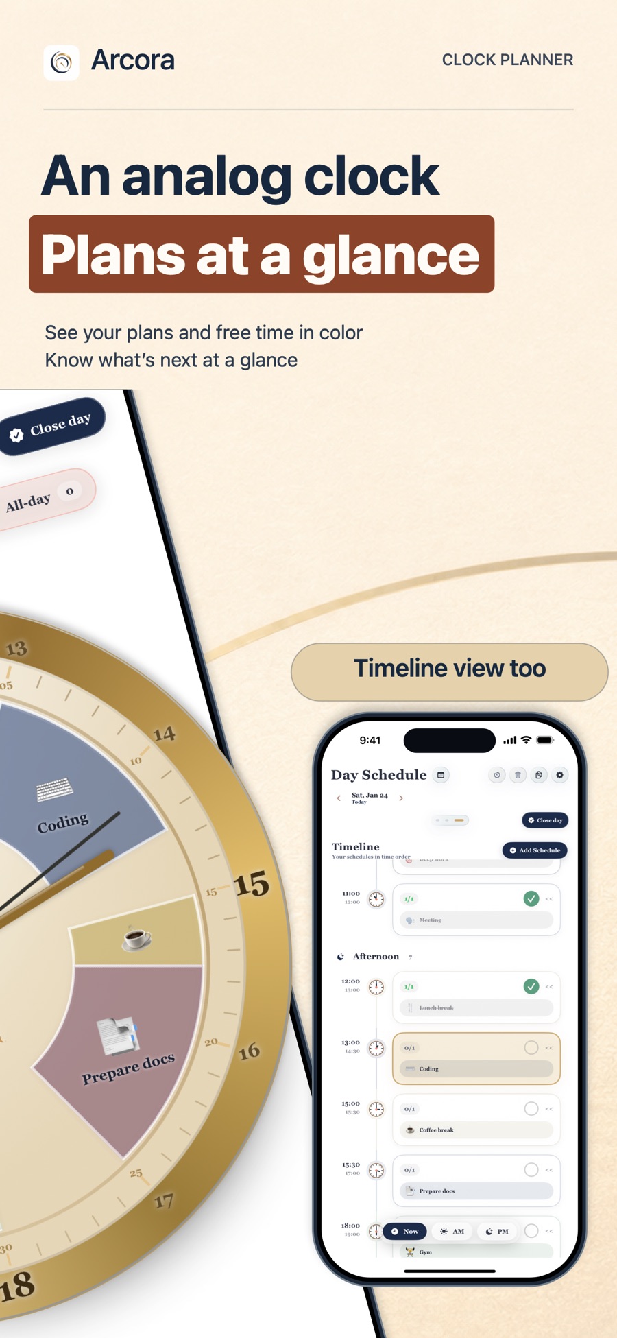 Arcora: Clock and timeline views