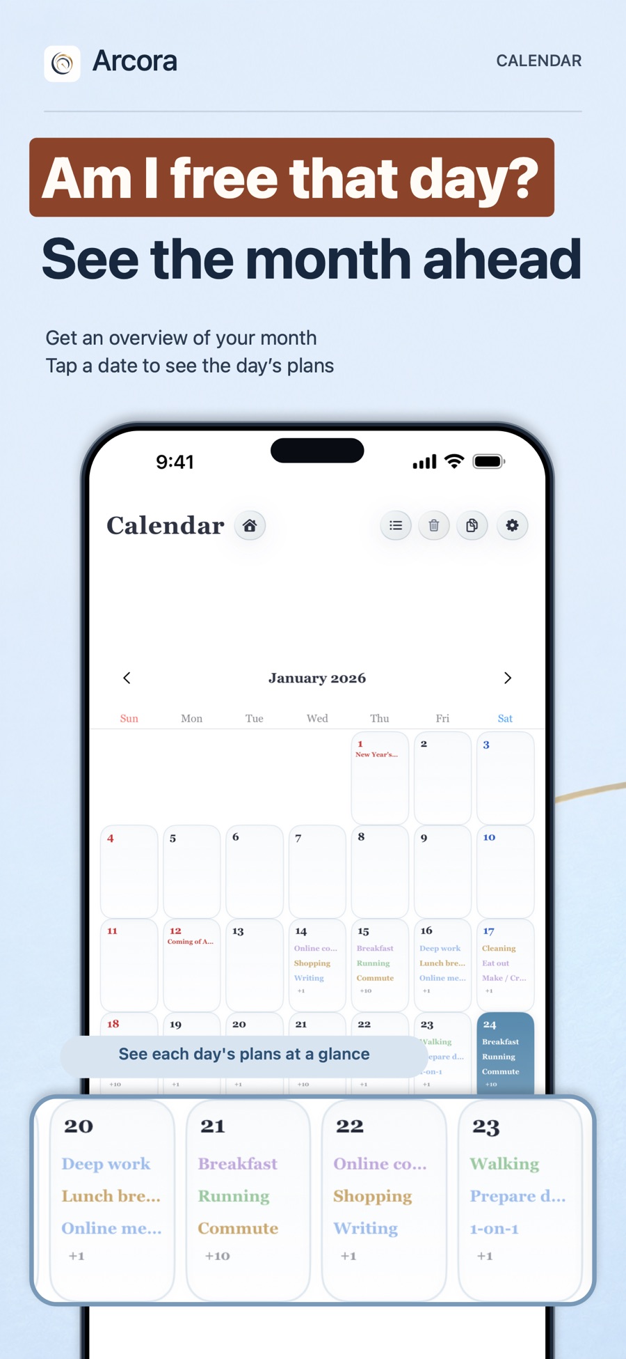Arcora: Your month and week at a glance