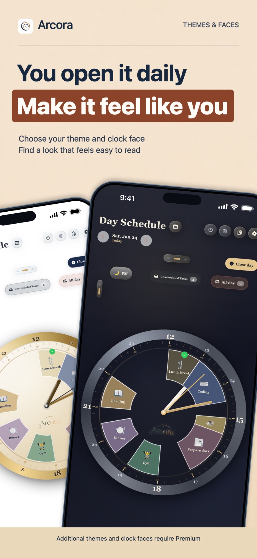 Arcora: Themes and clock faces