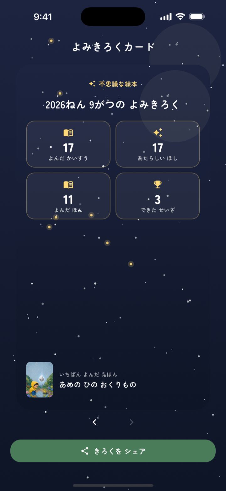星空のデザインの月間読書記録カード画面